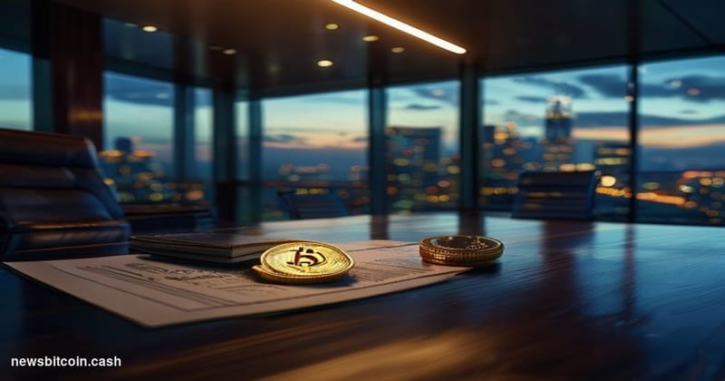 Cinematic photorealistic editorial photograph of a sleek corporate boardroom interior at dusk, shot from a low angle with dra