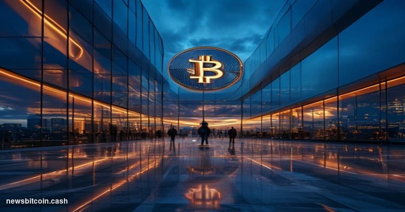 Cinematic photorealistic editorial photograph of a sleek, modernist corporate headquarters at dusk, reflecting the silhouette