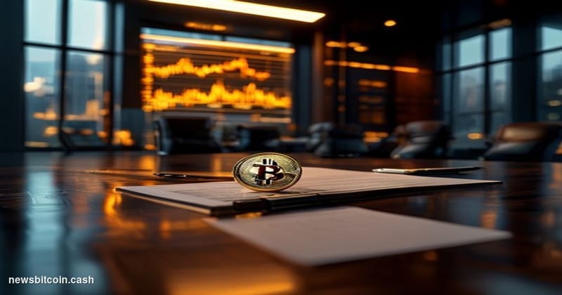 Cinematic photorealistic editorial photograph of a sleek corporate boardroom interior in dramatic low-key lighting, warm ambe
