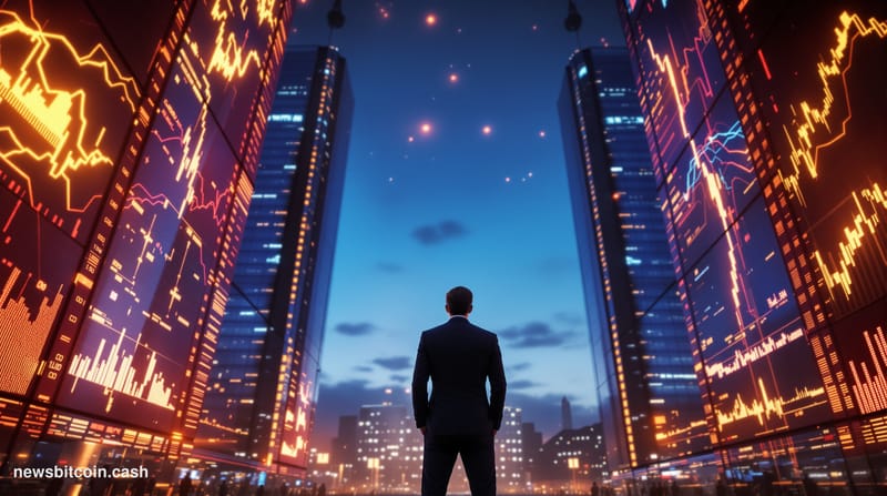 Cinematic photorealistic editorial photograph of a grand corporate trading floor shot from a low angle at dusk, with large di