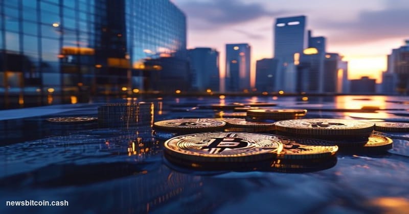 Cinematic photorealistic editorial photograph of a modern financial district at dusk, with a foreground of stacked physical B