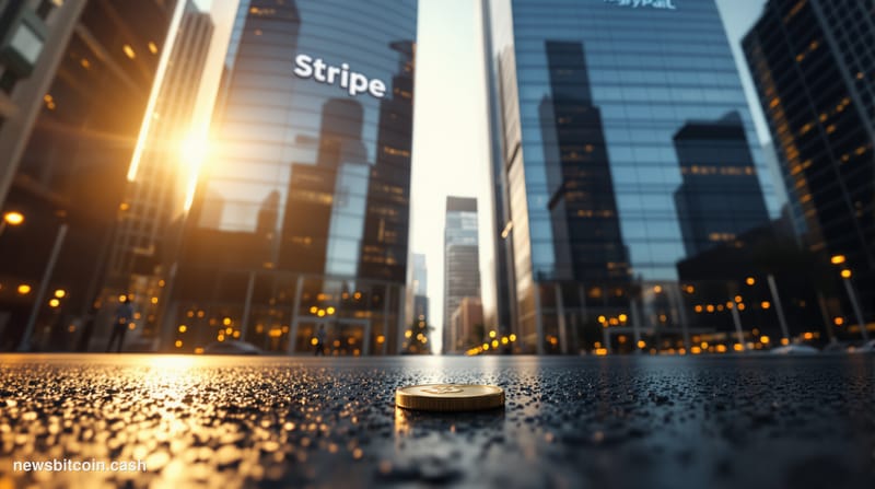 Cinematic photorealistic editorial photograph shot from a low angle looking up at two towering glass corporate headquarters f