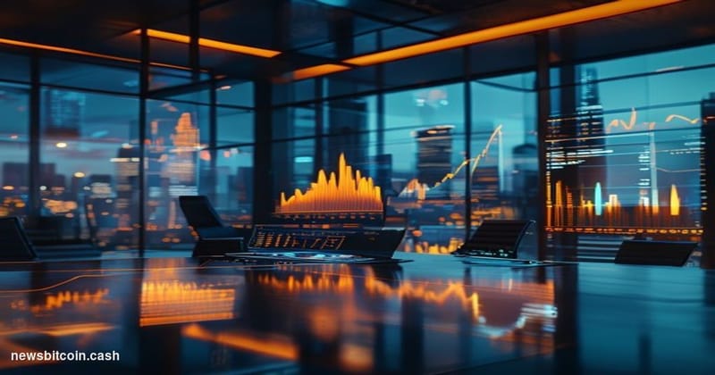 Cinematic photorealistic editorial photograph of a sleek corporate treasury operations room, dramatic side-lighting in cool b