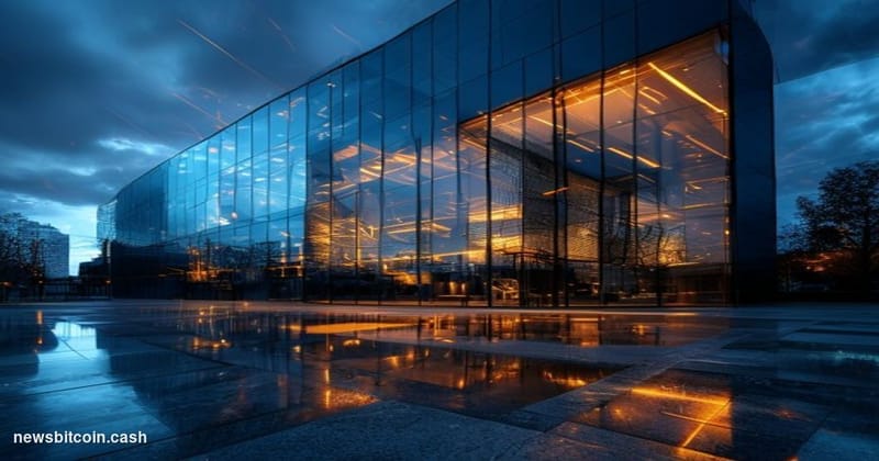Cinematic photorealistic editorial photograph of a modern financial asset management firm's glass-and-steel office exterior a
