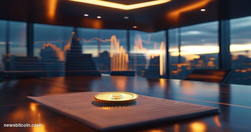 Cinematic photorealistic editorial photograph of a sleek corporate boardroom environment, shot from a low angle looking up to