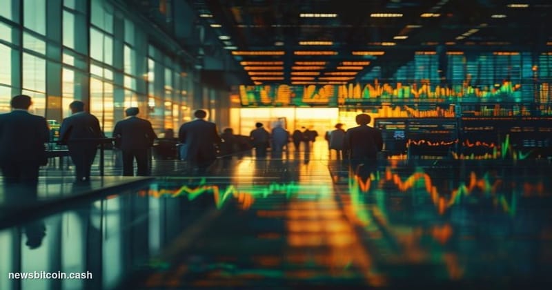 Cinematic photorealistic editorial photograph of a financial trading floor viewed through floor-to-ceiling glass, dramatic la