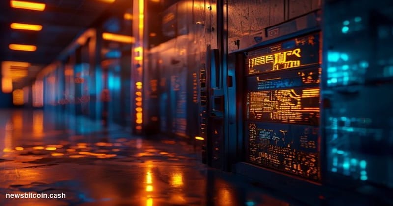 Cinematic photorealistic editorial photograph of a cracked digital vault door half-open in a dark, moody server environment, 