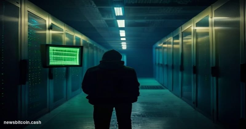 A cinematic photorealistic editorial photograph of a dimly lit server room corridor, with a single glowing monitor screen in 