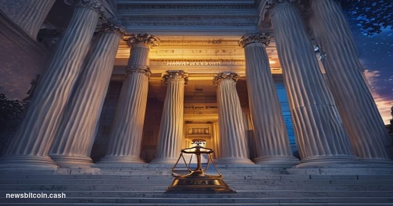 Cinematic photorealistic editorial photograph of the United States Supreme Court building in Washington D.C. at dusk, shot fr