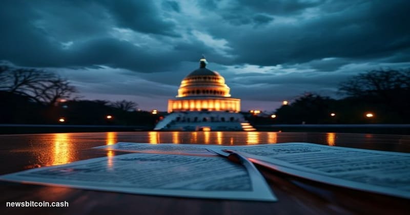 Cinematic photorealistic editorial photograph shot at dusk from a low angle, looking up at the United States Capitol dome in 