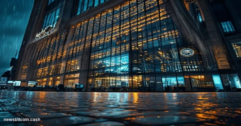 Cinematic photorealistic editorial photograph of a monumental banking operations center at night, shot from a low angle looki