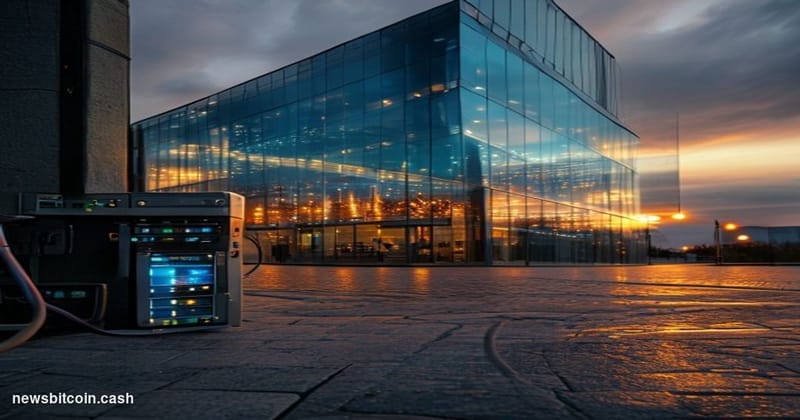 Cinematic photorealistic editorial photograph of the SWIFT headquarters building in La Hulpe, Belgium, shot at dusk with dram