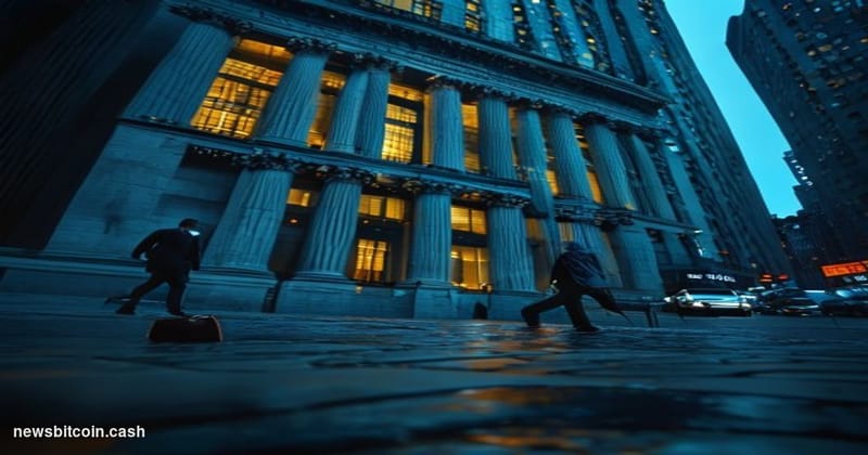 A cinematic photorealistic editorial photograph of the New York Stock Exchange building on Wall Street, shot at dusk from a l