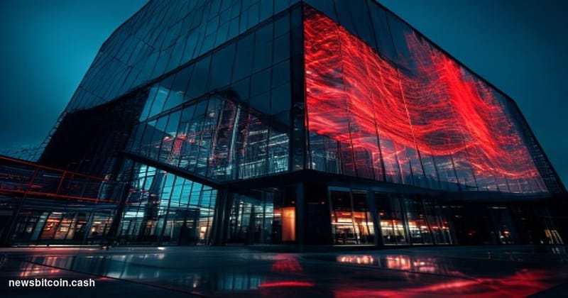 Cinematic photorealistic editorial photograph of the Binance global headquarters exterior at night, shot from a low angle loo