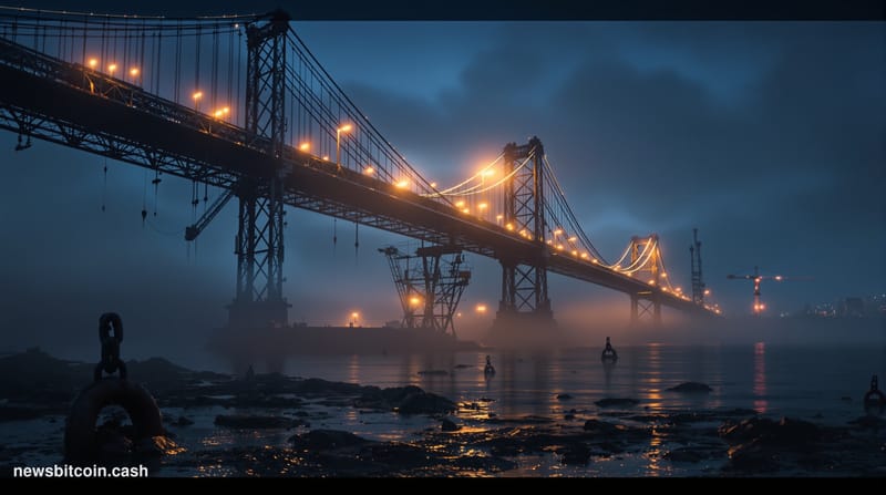 Cinematic photorealistic editorial photograph of a damaged but reconstructing steel suspension bridge emerging from dense ear