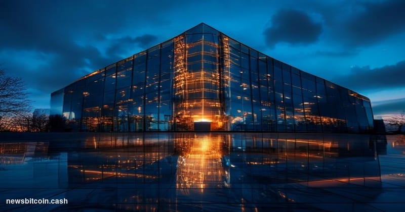 Cinematic photorealistic editorial photograph of a glass-and-steel corporate headquarters building at dusk, representing Take