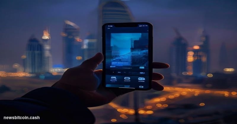 Cinematic photorealistic editorial photograph of a massive illuminated smartphone screen displaying a minimalist crypto walle