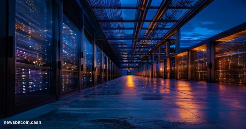 Cinematic photorealistic editorial photograph shot at dusk from a low angle looking up at a large industrial data center faci