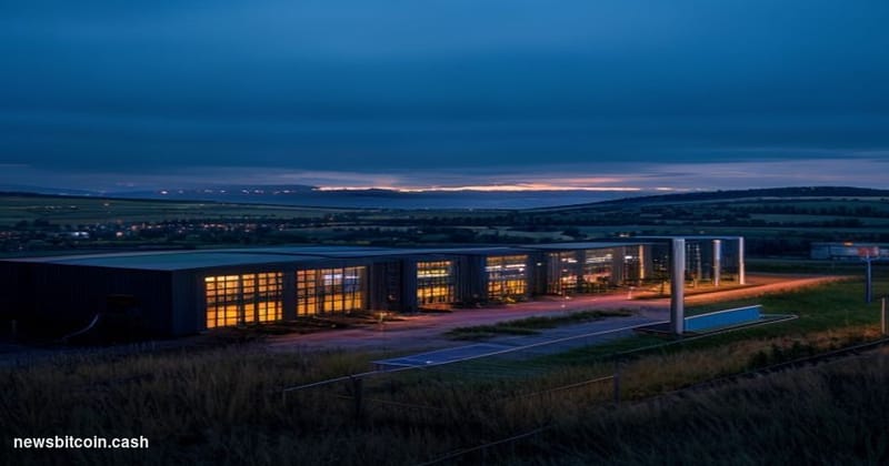 Cinematic photorealistic editorial photograph of a massive industrial data center campus in rural Kentucky at dusk, with roll