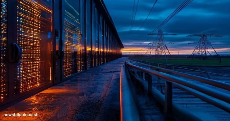 Cinematic photorealistic editorial photograph of a large-scale industrial data center facility at dusk, shot from a low angle