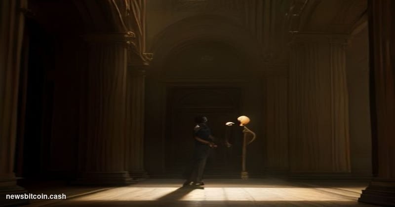 Cinematic photorealistic editorial photograph of Tether's implied financial weight: a gleaming vault interior with two stacks