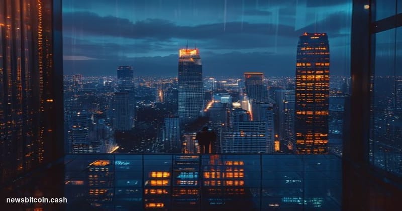 Cinematic photorealistic editorial photograph of a dramatic twilight aerial view of São Paulo's financial district, the city'