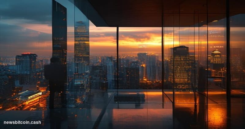 Cinematic photorealistic editorial photograph of a modern financial district at dusk, with the warm glow of São Paulo's Pauli