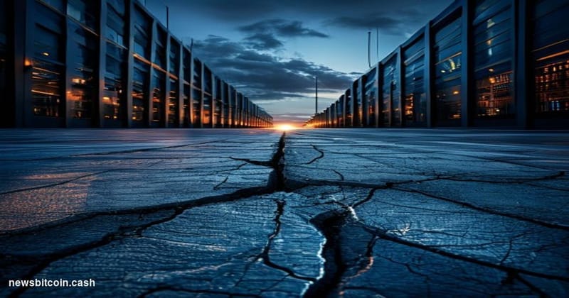 Cinematic photorealistic editorial photograph of a massive hyperscale data center facility exterior at dusk, with dramatic lo