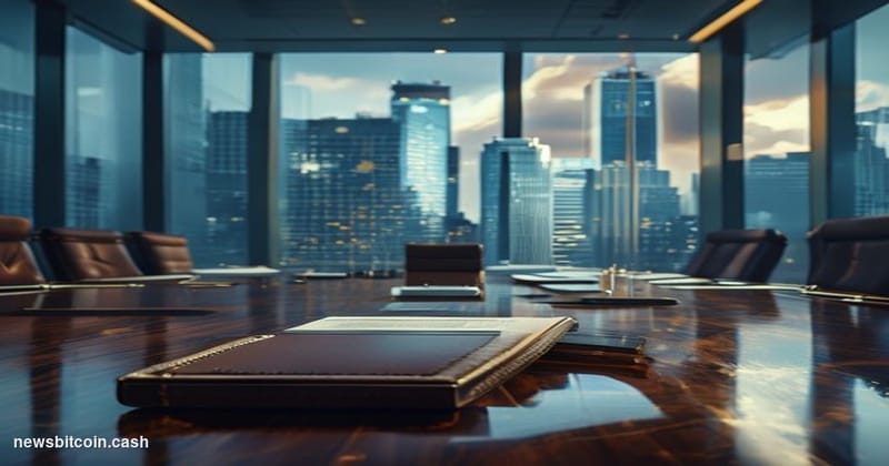 Cinematic photorealistic editorial photograph of a sleek investment banking boardroom, dramatic low-angle shot from one end o