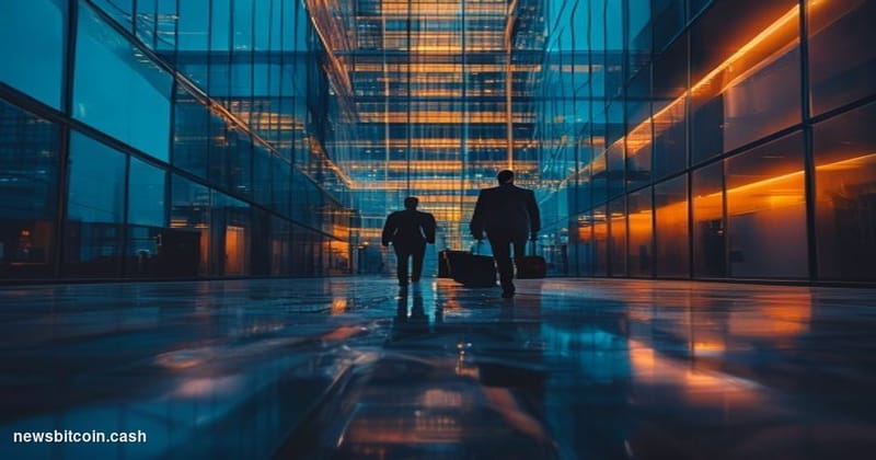 Cinematic photorealistic editorial photograph of a glass-and-steel financial district office tower at dusk, shot from a low a