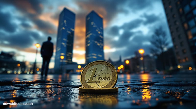 A cinematic photorealistic editorial photograph set in Frankfurt's financial district at dusk, the European Central Bank's ic