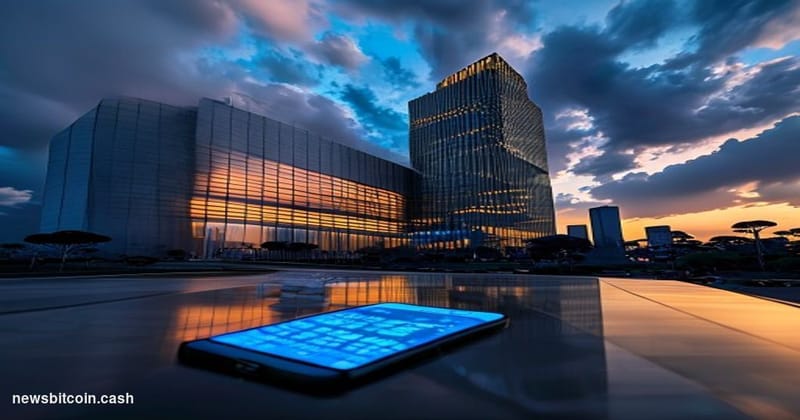 Cinematic photorealistic editorial photograph of the Nairobi Securities Exchange building facade in Nairobi's central busines
