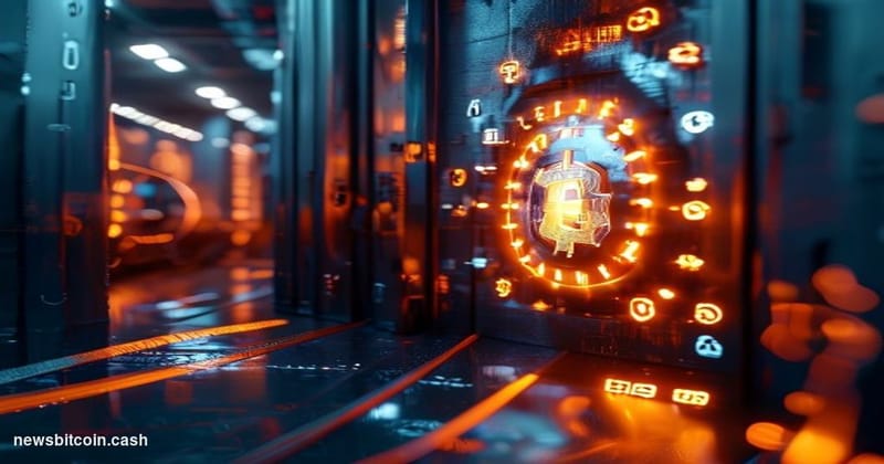 A cinematic photorealistic editorial photograph of a glowing Bitcoin symbol etched into a steel vault door, dramatically lit 