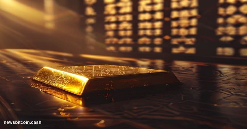 Cinematic photorealistic editorial photograph of a gleaming physical gold bar resting on an ornate dark wooden surface, with 