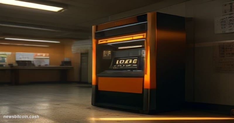 Cinematic photorealistic editorial photograph of a standalone Bitcoin ATM kiosk inside a fluorescent-lit Texas convenience st