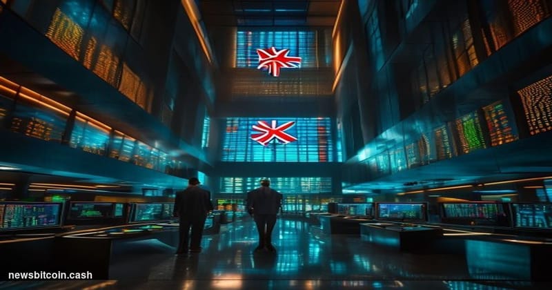 Cinematic photorealistic editorial photograph of a sleek modern financial trading floor bathed in dramatic amber and blue lig