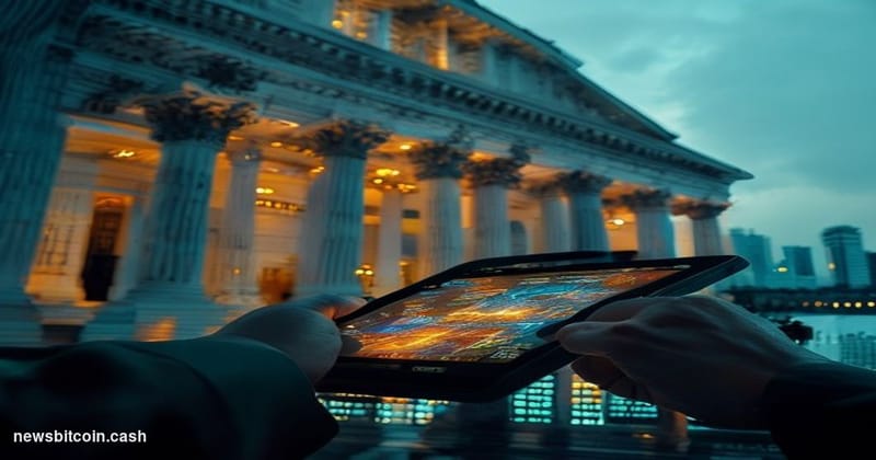 Cinematic photorealistic editorial photograph of the Bank of Thailand's ornate neoclassical headquarters in Bangkok at dusk, 
