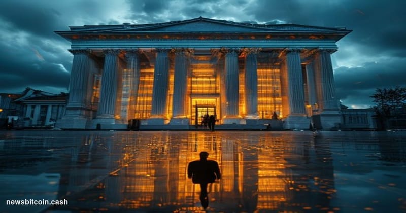 Cinematic photorealistic editorial photograph shot at low angle looking up at the Bank of Thailand's neoclassical headquarter