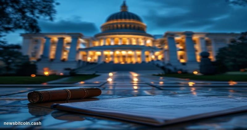 Cinematic photorealistic editorial photograph of the United States Senate building in Washington D.C. captured at dusk from a