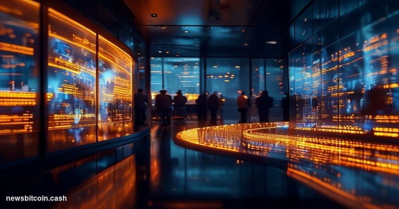 A cinematic photorealistic editorial photograph shot at eye level inside a sleek, modern trading floor environment with dark 