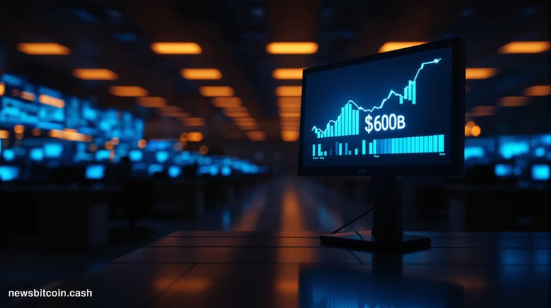 A cinematic photorealistic editorial photograph set inside a cavernous, dimly lit financial trading floor that is conspicuous