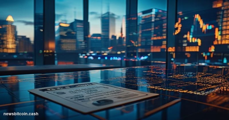 Cinematic photorealistic editorial photograph of a sleek Wall Street trading floor viewed through floor-to-ceiling glass at d