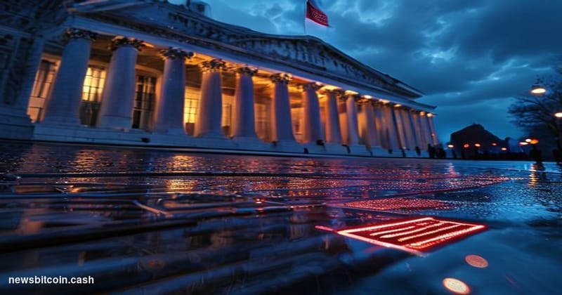 Cinematic photorealistic editorial photograph of the U.S. Department of the Treasury building in Washington D.C., shot at dus