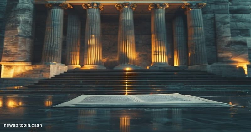 Cinematic photorealistic editorial photograph of the United States Federal Reserve headquarters in Washington D.C., shot from