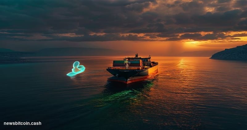 Cinematic photorealistic editorial photograph shot from a low maritime angle, looking across the dark blue-green waters of th