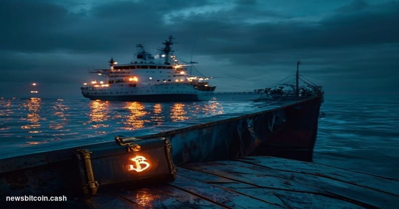 Cinematic photorealistic editorial photograph of a large, weathered commercial cargo vessel anchored in dark international wa