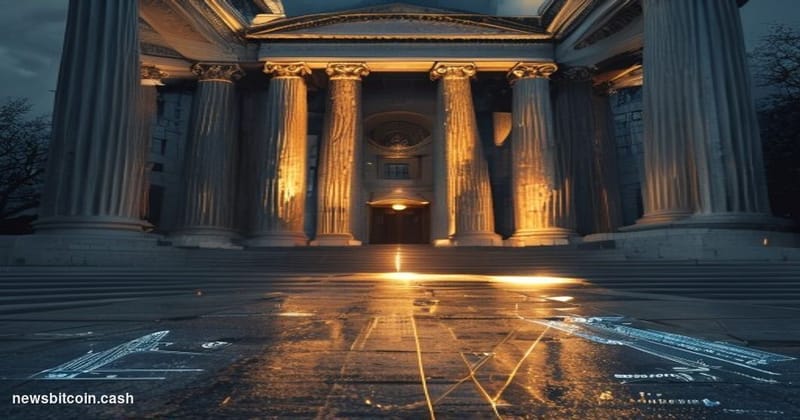 Cinematic photorealistic editorial photograph of the US Treasury Department building in Washington D.C., shot from a low angl