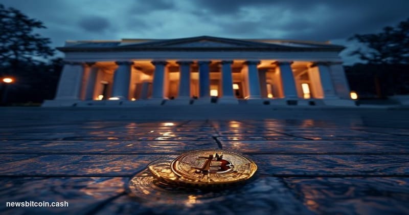 A cinematic photorealistic editorial photograph of the United States Treasury Department's neoclassical stone facade in Washi