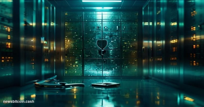 Cinematic photorealistic editorial photograph of a cracked open digital vault door in a dimly lit server room, with faint gre