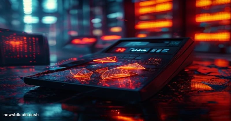 Cinematic photorealistic editorial photograph of a fractured, dark digital payment terminal displaying four fragmented chain 